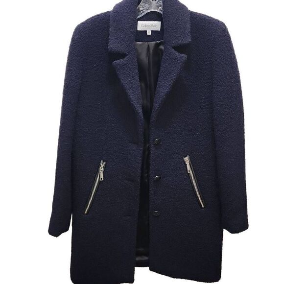 Calvin Klein Womens Boucle 3 Wool Coat with Button Closure, Indigo, Blue, Women'